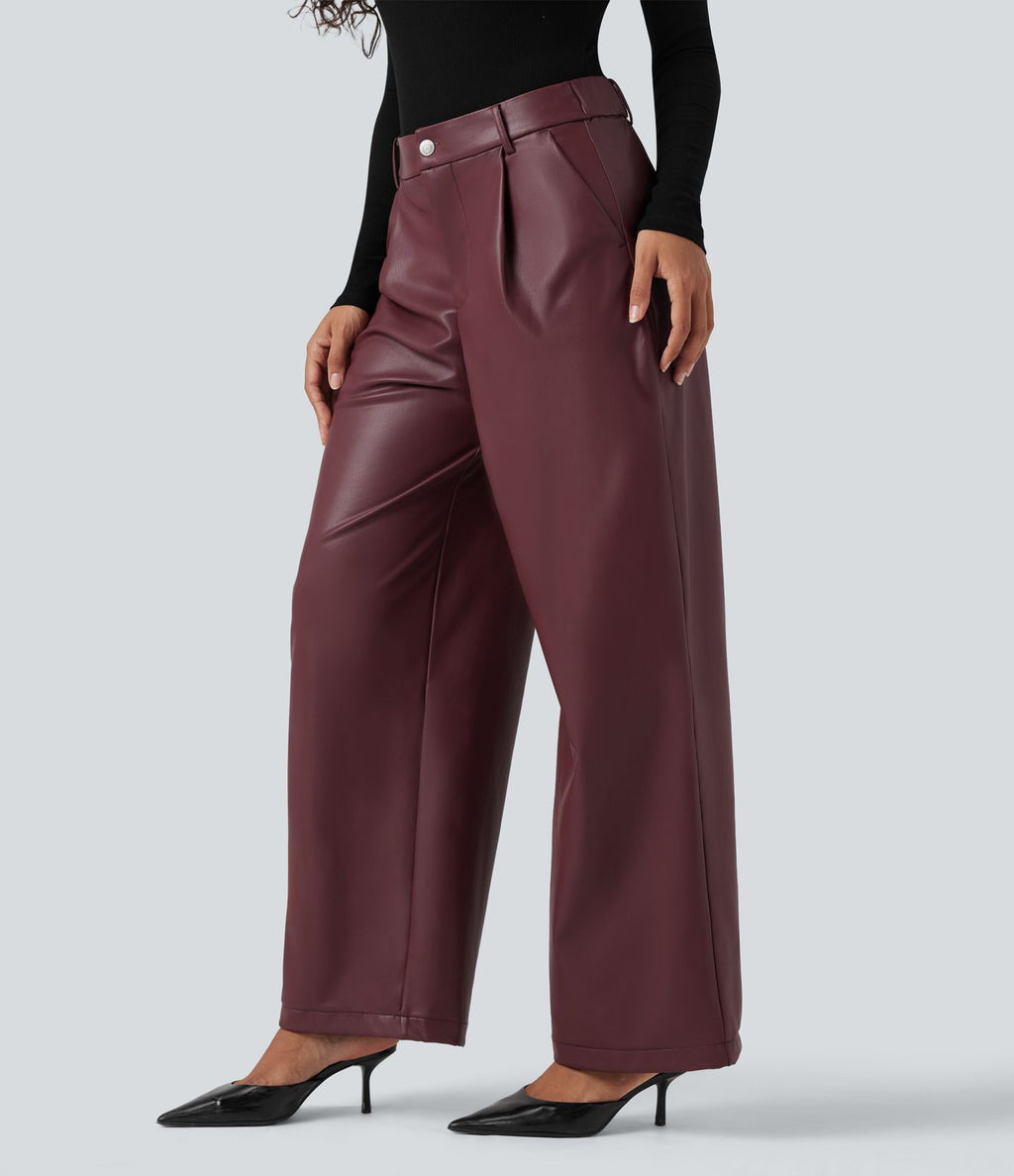 Pantalon large en tissu enduit molleton taille haute avec poches