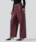 Pantalon large en tissu enduit molleton taille haute avec poches