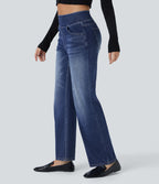 Jean décontracté Halara Flex™ taille haute, extensible, délavé, jambes droites avec poches multiples