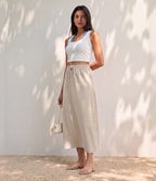 Jupe longue casual aspect lin taille haute avec cordon de serrage