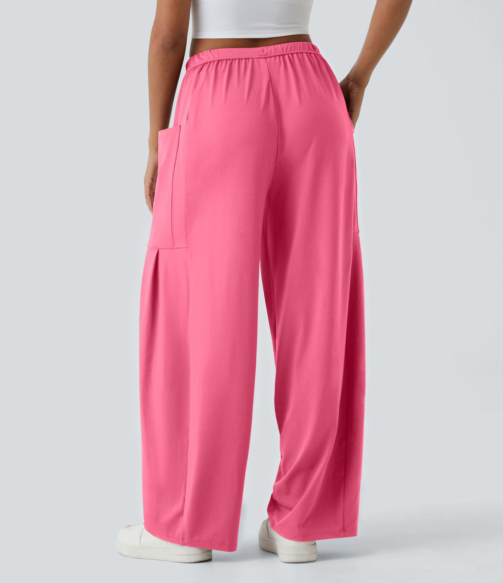 Pantalon Large Fluide Taille Mi-Haute Taille Élastique Cordon Poches Latérales Ourlet Flottant