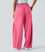 Pantalon Large Fluide Taille Mi-Haute Taille Élastique Cordon Poches Latérales Ourlet Flottant