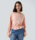Sweat-shirt en coton col rond à manches longues avec ourlet à volants