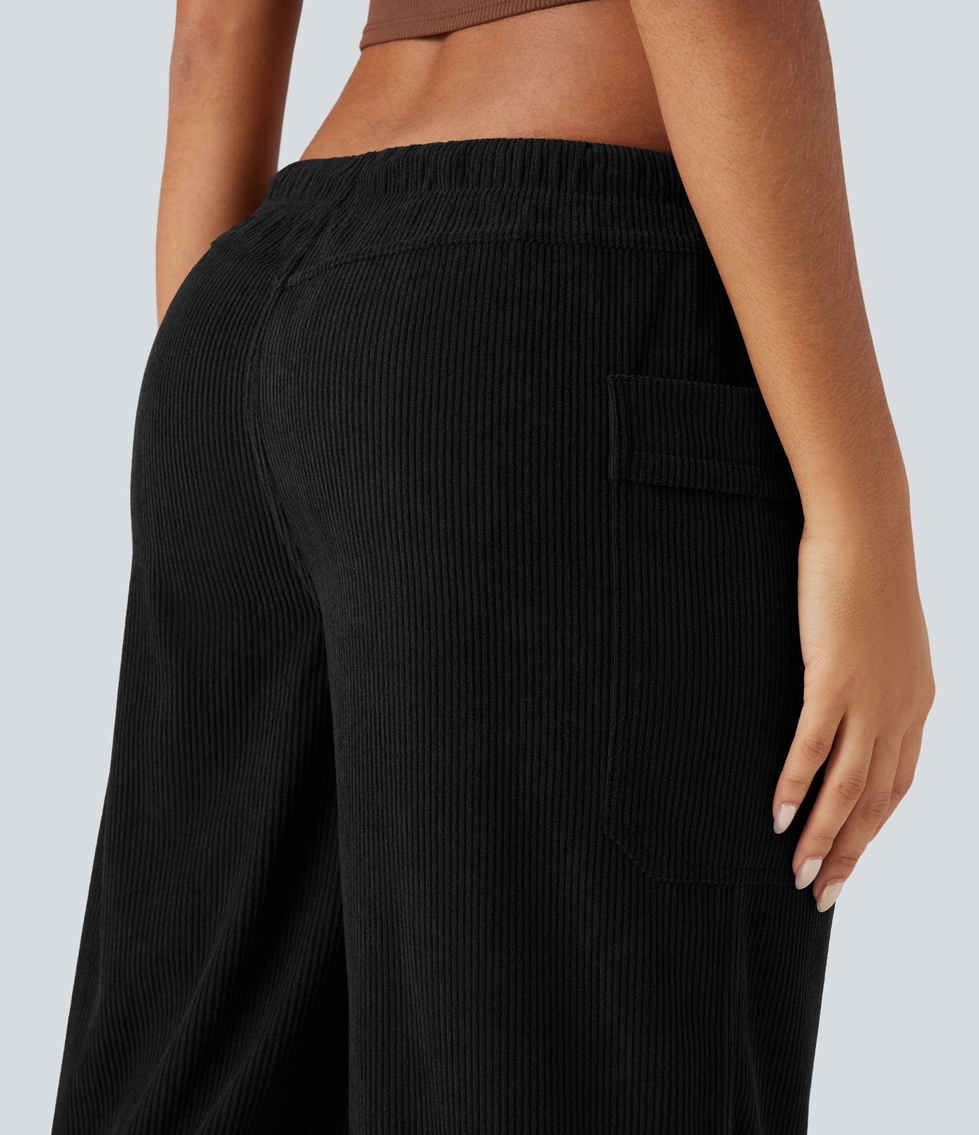 Pantalon décontracté large en velours côtelé, taille mi-haute, avec cordon et poches