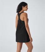 Ensemble 2 Pièces Robe Sport de Yoga Mini à Col en U Dos Nageur sans Manches avec Poches Latérales