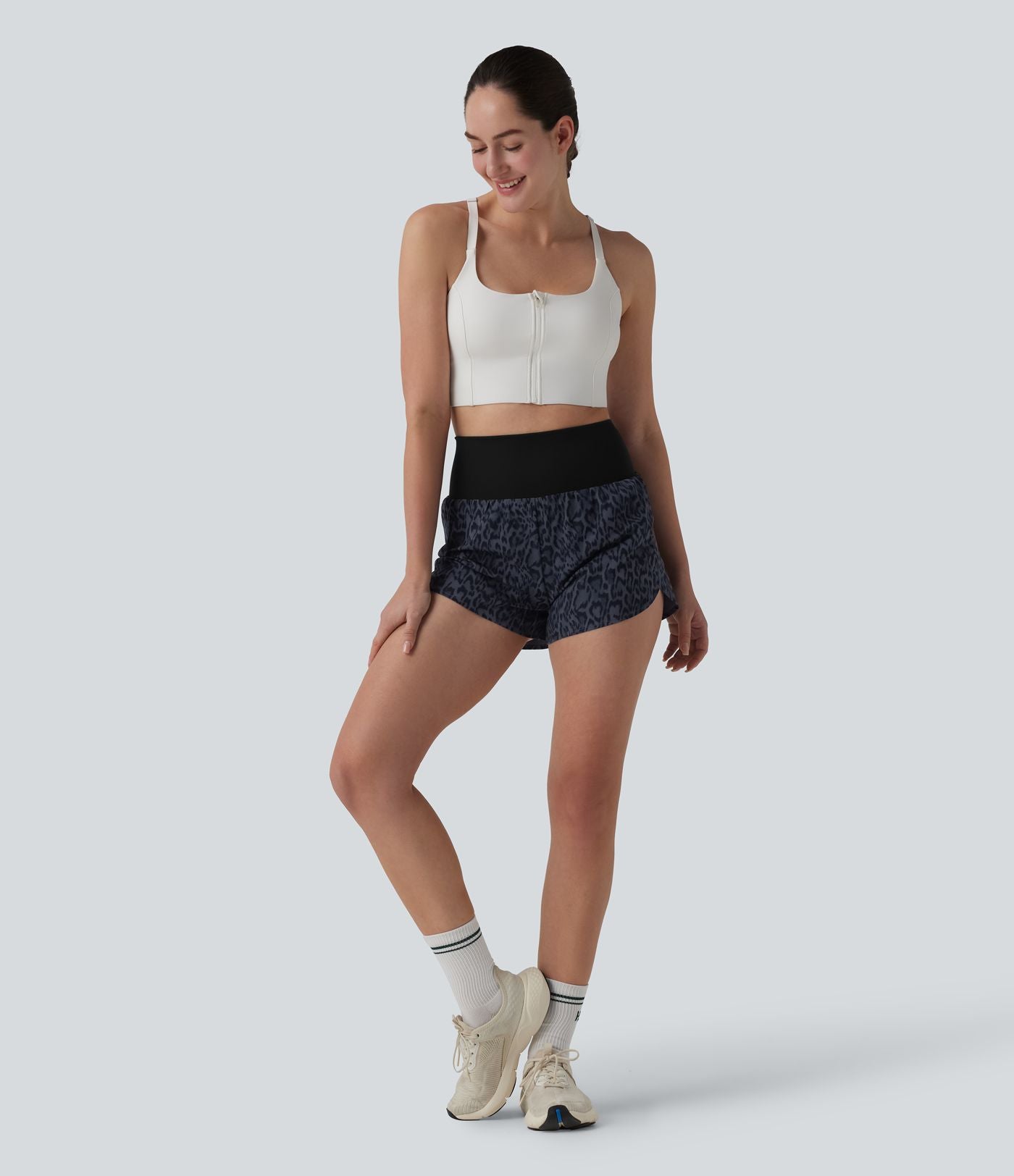 Short de running 2-en-1 taille haute imprimé léopard 7,5 cm avec poche