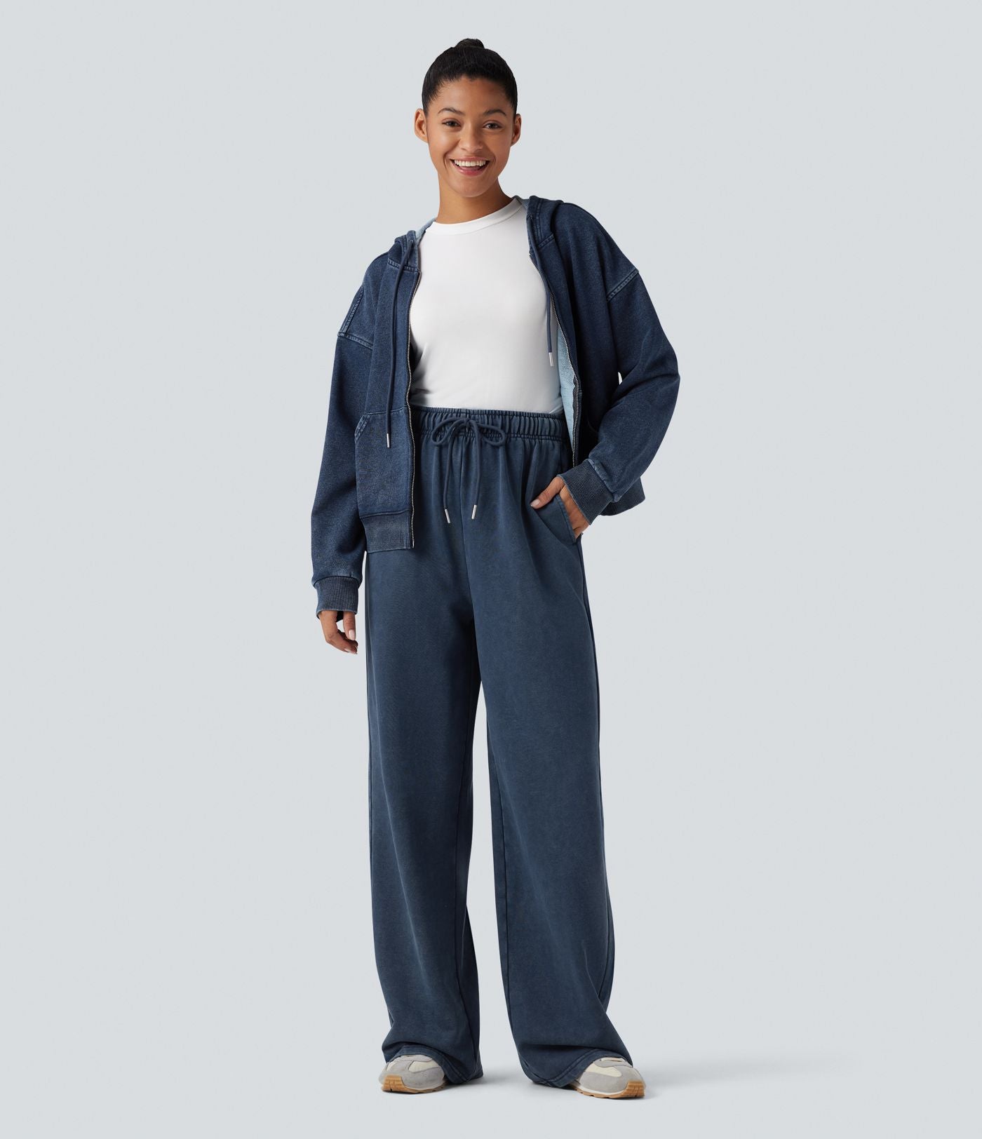 Pantalon jogging en coton molleton français délavé taille haute avec cordon de serrage et poches