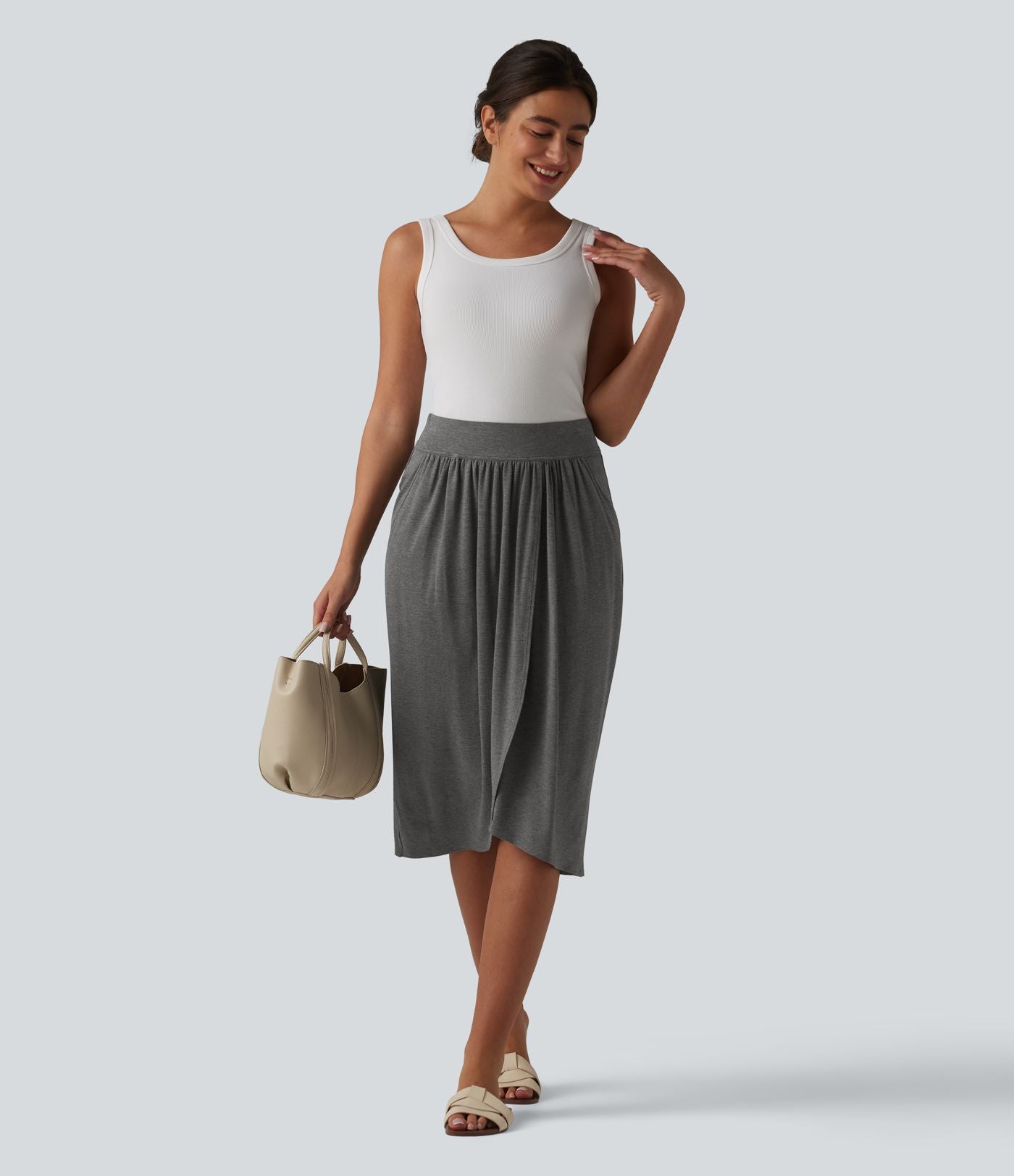 Jupe midi casual taille haute ourlet tulipe avec poches
