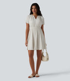 Robe mini évasée décontractée, maille côtelée en lin mélangé,  col V, manches courtes