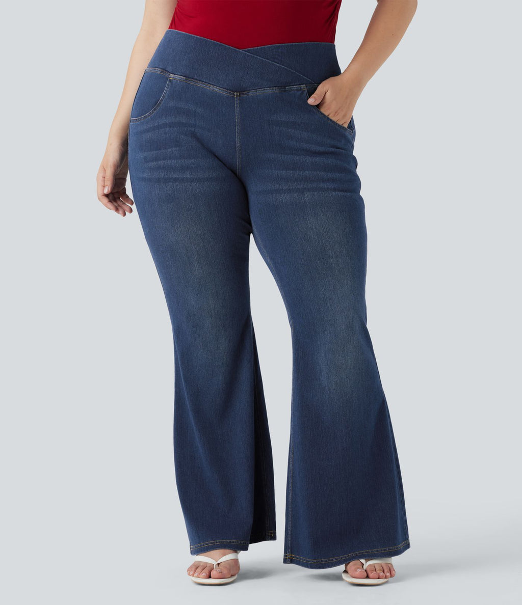 Jean évasé décontracté Halara Flex™ grande taille croisé taille haute en maille extensible délavée avec multiples poches