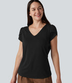 T-shirt casual col V manches courtes pétale