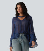 Chemise casual transparente col V manches longues à volants
