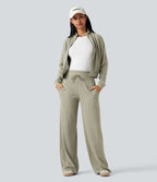 Pantalon jogging large décontracté côtelé gainant taille haute avec cordon de serrage et poches