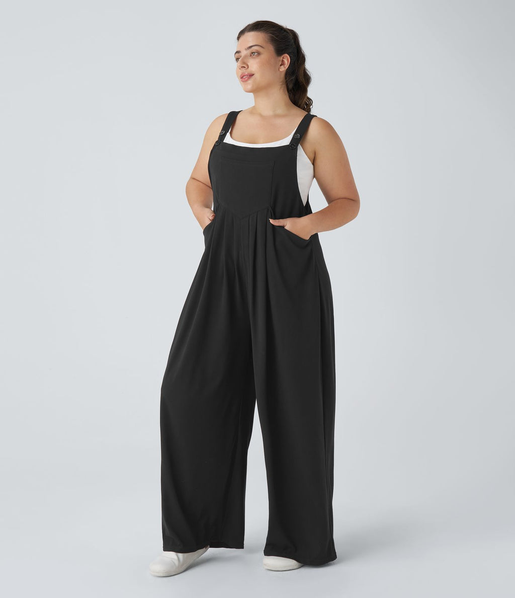 Salopette Casual Grande Taille en Gaufré avec Bretelles Ajustables Boutons et Poches Multiples
