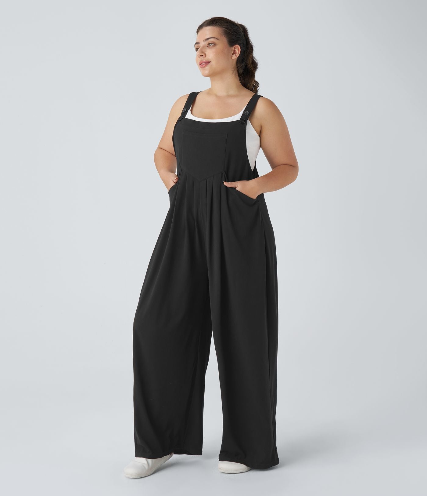 Salopette Casual Grande Taille en Gaufré avec Bretelles Ajustables Boutons et Poches Multiples