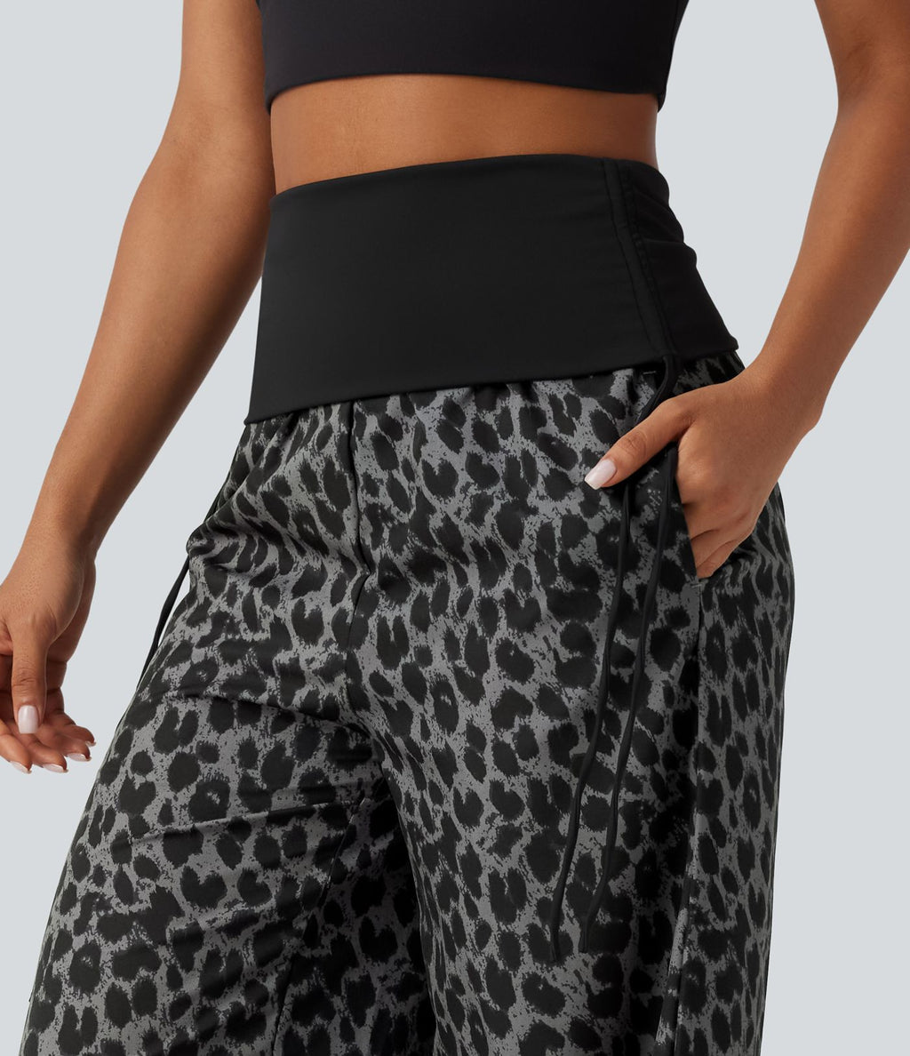 Pantalon baggy casual à imprimé léopard taille haute à revers avec fronces, cordon et poches