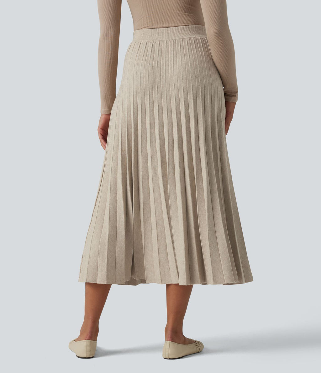 Jupe midi casual en maille plissée taille haute, coupe trapèze