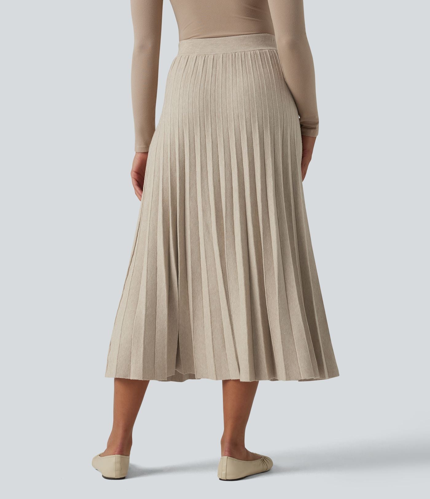 Jupe midi casual en maille plissée taille haute, coupe trapèze