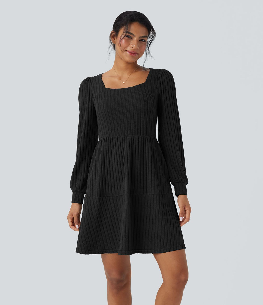 Robe décontractée maille côtelée décolleté carré manches longues bouffantes avec poches
