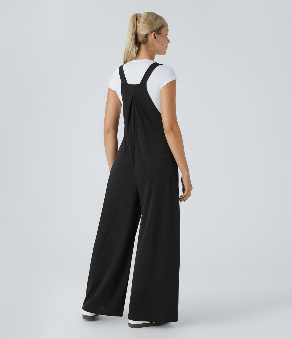 Salopette Casual à Bretelles Ajustables en Tricot Côtelé avec Multiples Poches Plissée
