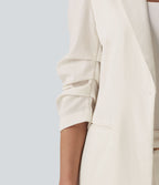 Blazer à manches 3/4 froncées, aspect lin, avec poches, idéal pour le bureau