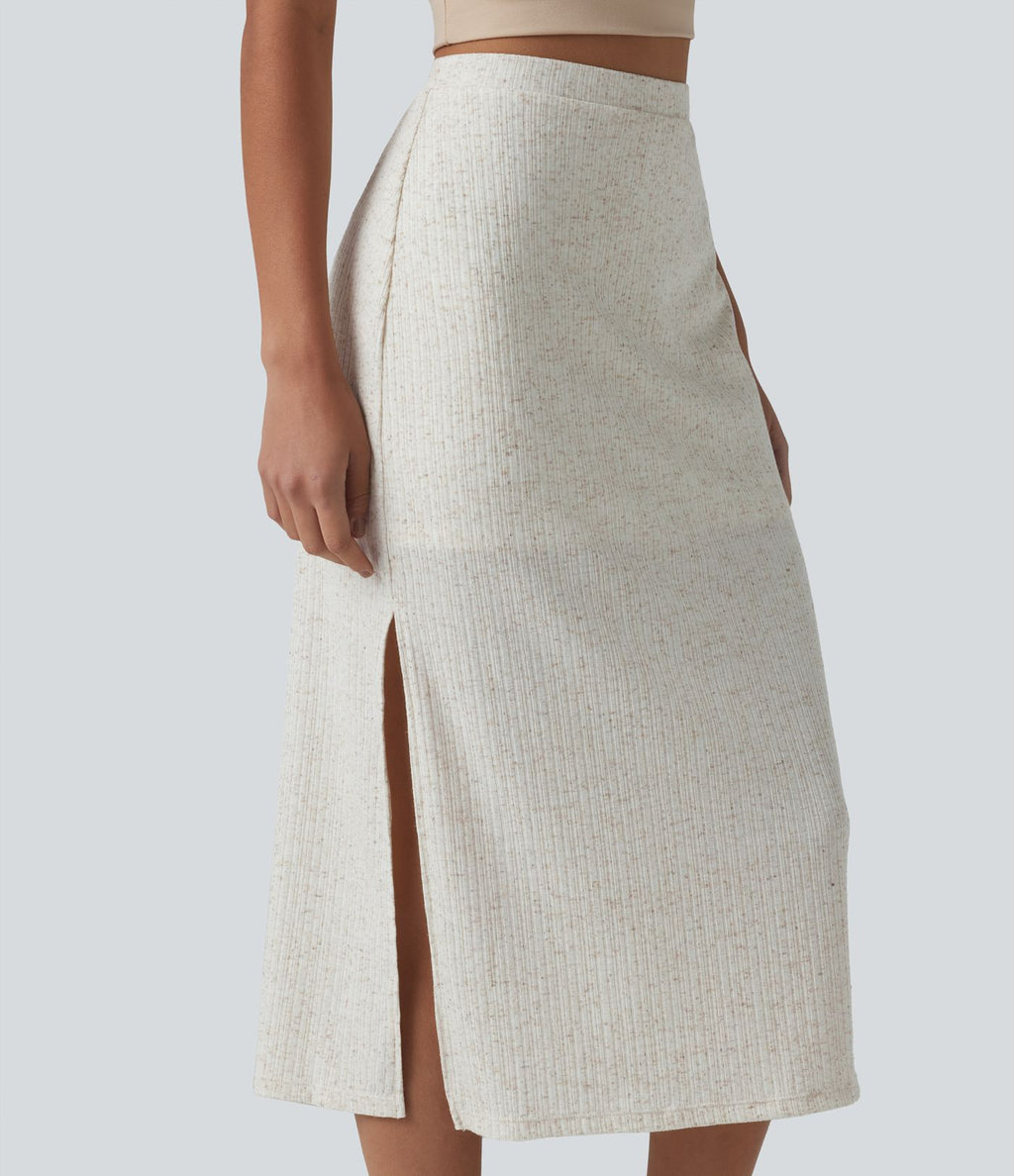 Jupe midi moulante côtelée taille haute aspect lin décontractée