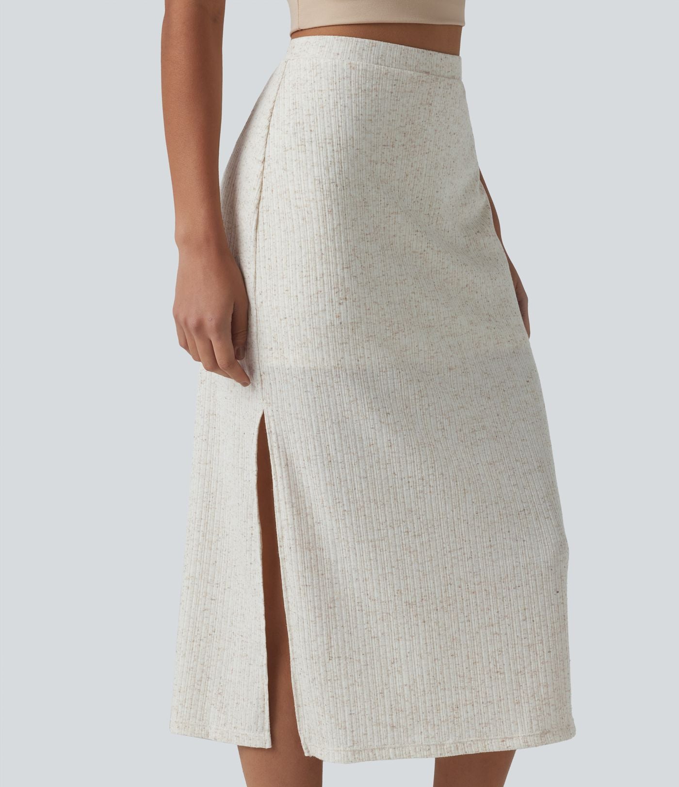 Jupe midi moulante côtelée taille haute aspect lin décontractée