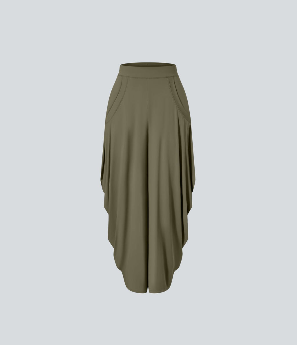 Pantalon décontracté drapé à poches multiples et taille moyenne, jambe large