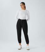 Pantalon décontracté en velours côtelé avec taille mi-haute, boutons et fermeture éclair