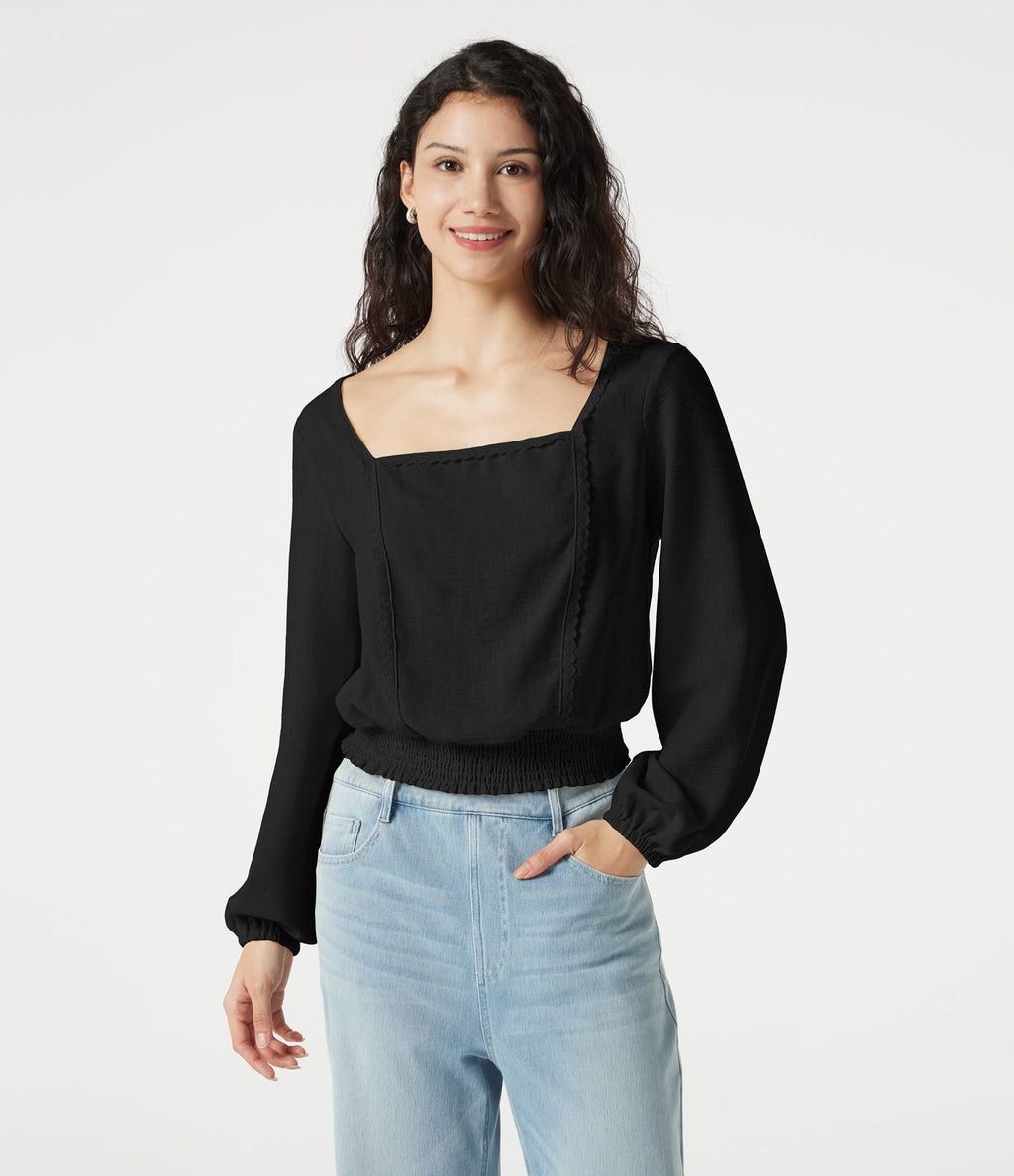 Blouse casual effet lin à col carré, manches bouffantes, lien au dos, empiècement en dentelle et détails froncés