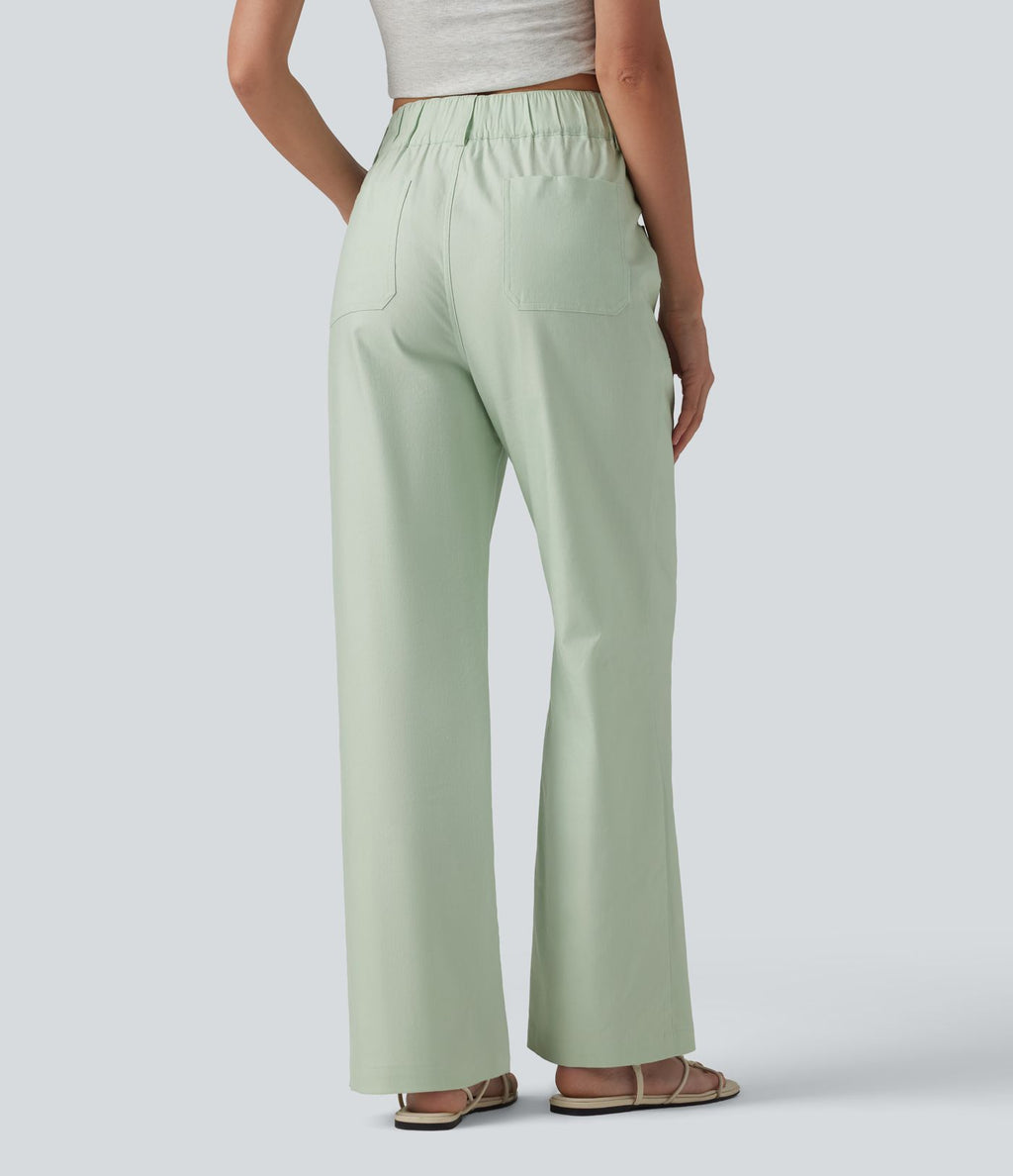 Pantalon droit décontracté en coton et lin taille haute avec poches