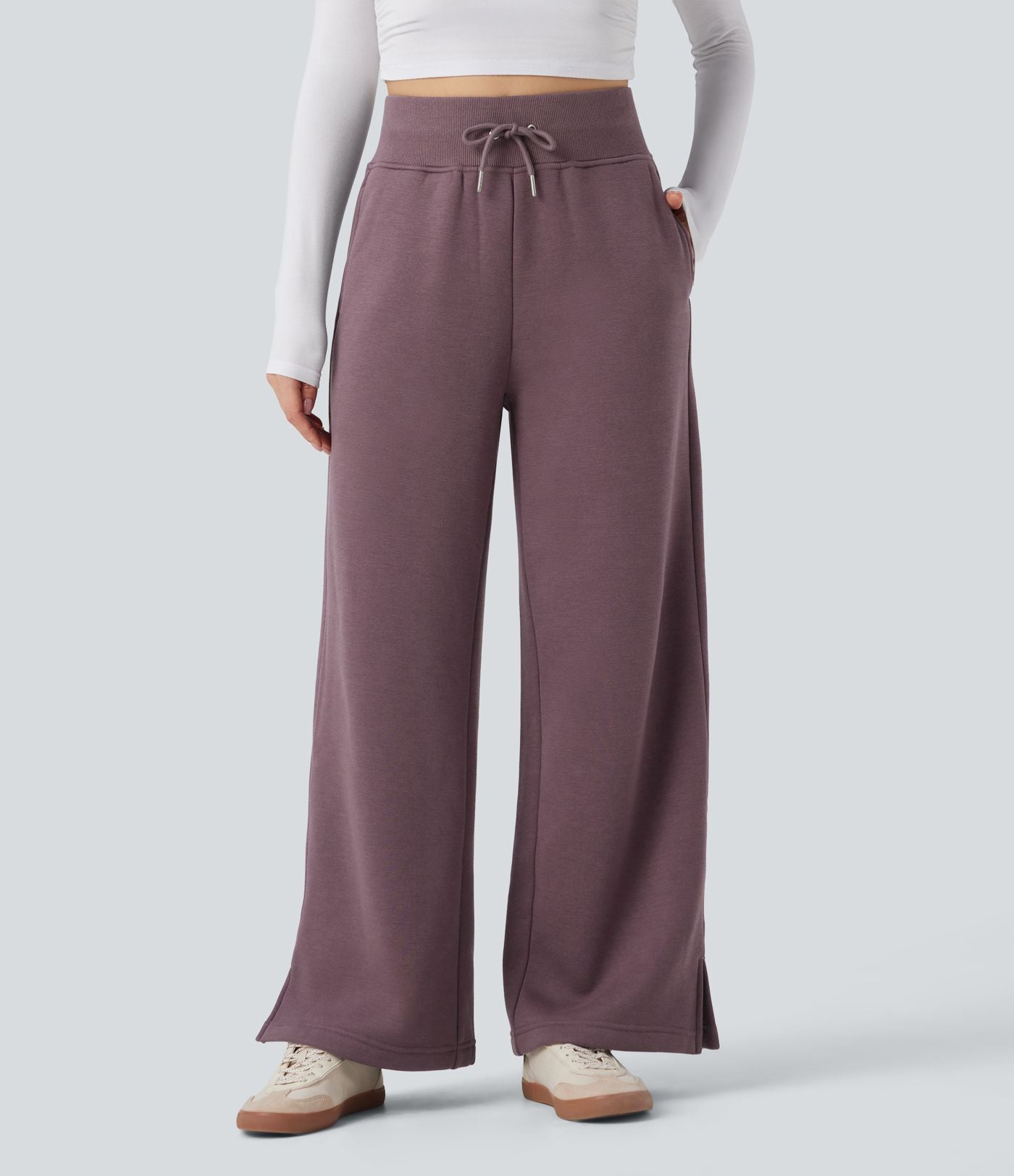 Pantalon jogging décontracté polaire taille haute jambe large avec cordon de serrage ourlet fendu et poches