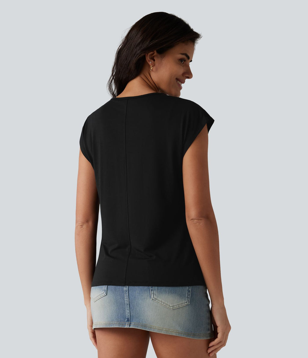 T-shirt décontracté à col V, manches courtes et soutien-gorge intégré bonnets B-DD