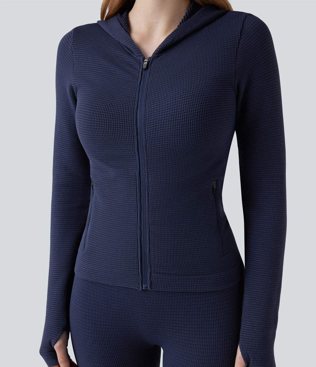 Veste yoga en maille gaufrée à capuche zippée à manches longues avec passants pouces sans couture OneForm Seamless Flow avec poches