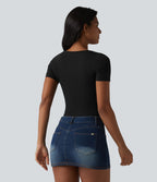 Halara T-shirt décontracté en jersey de coton, col V, manches courtes, brassière intégrée, bonnets B-DD
