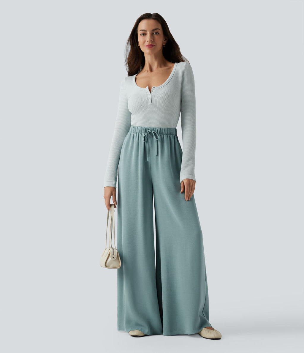 Pantalon large fluide décontracté taille haute effet lin avec cordon de serrage et poches