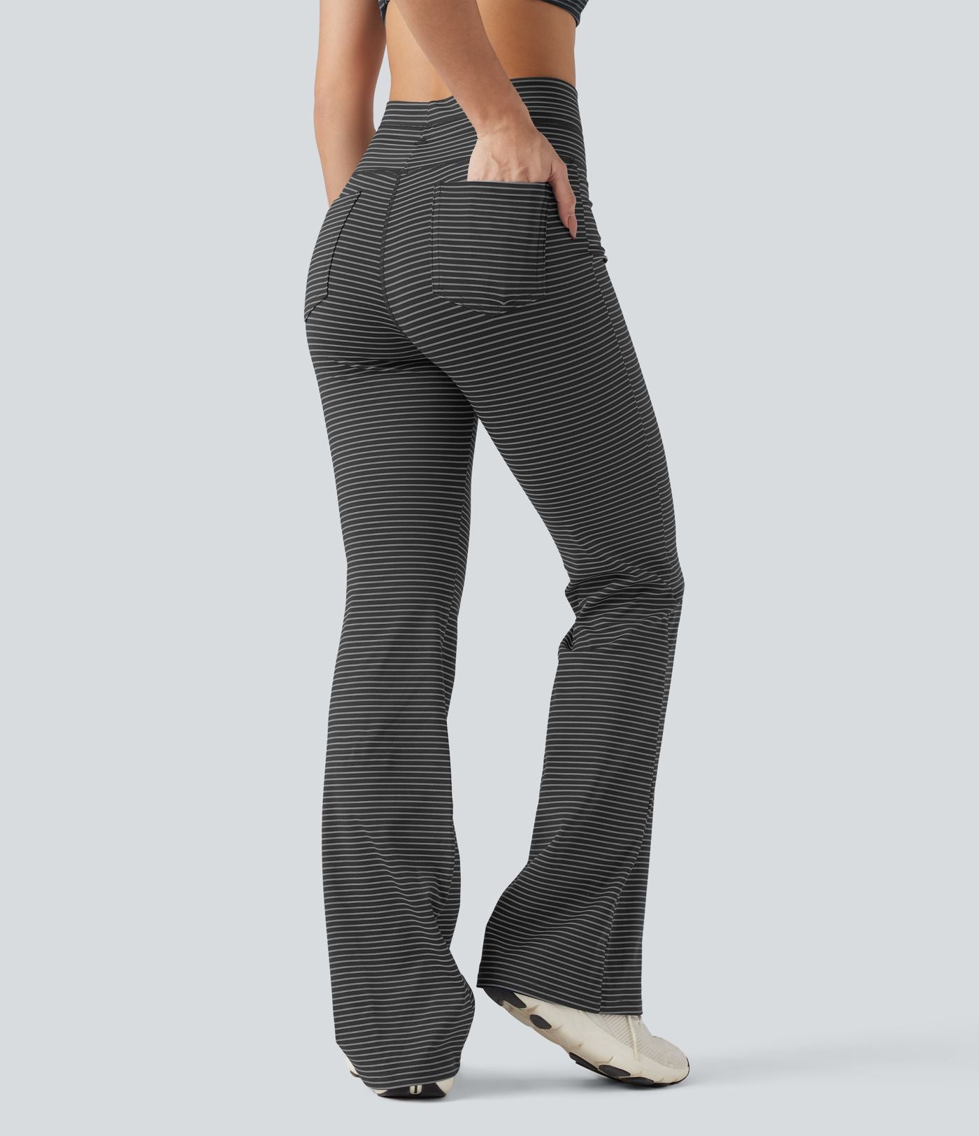 Pantalon de yoga évasé à rayures, taille haute, cordon et poches