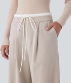 Pantalon décontracté jambe large bicolore double épaisseur, taille basse avec poches latérales