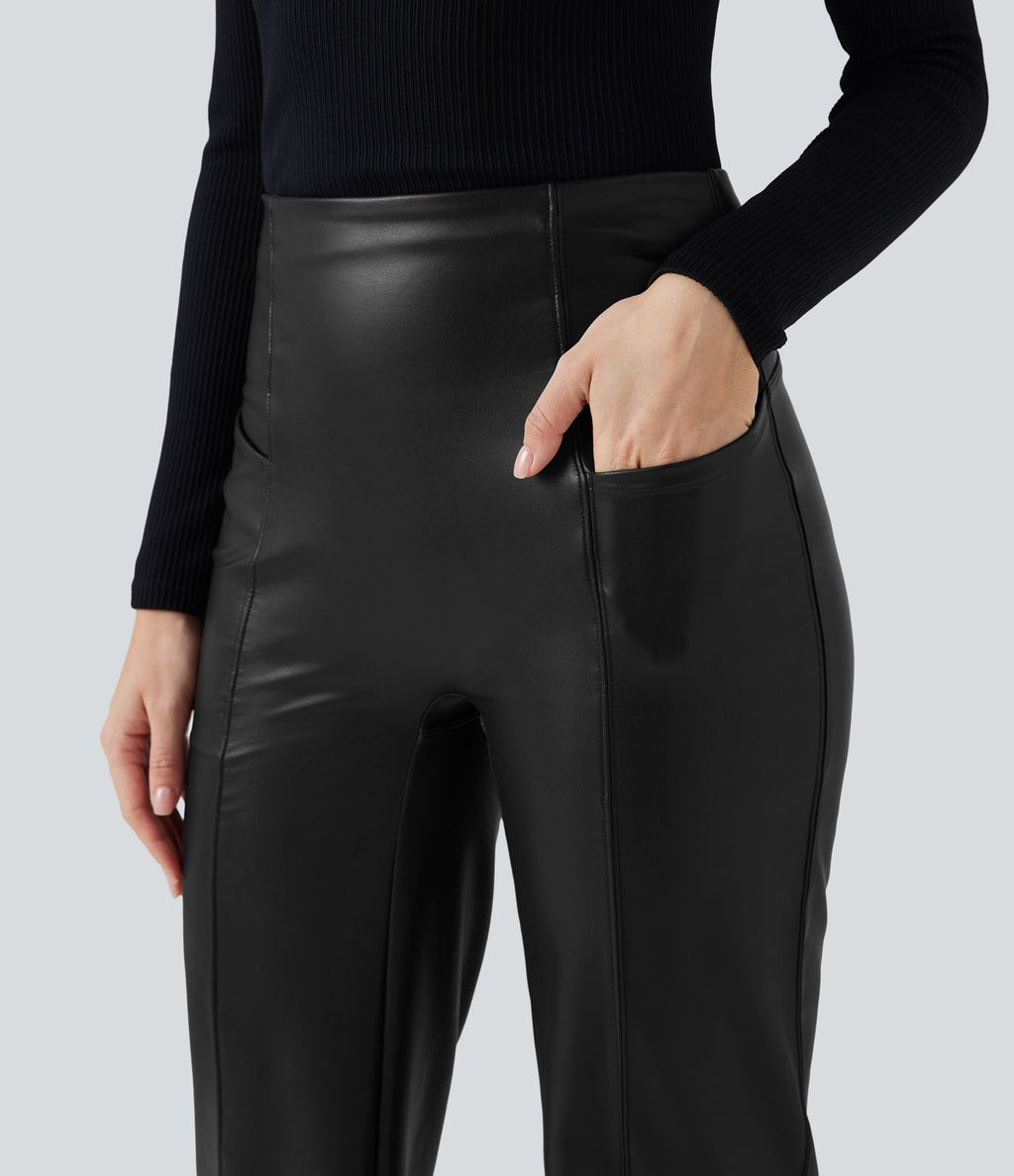 Pantalon similicuir évasé gainant taille haute stretch avec poches