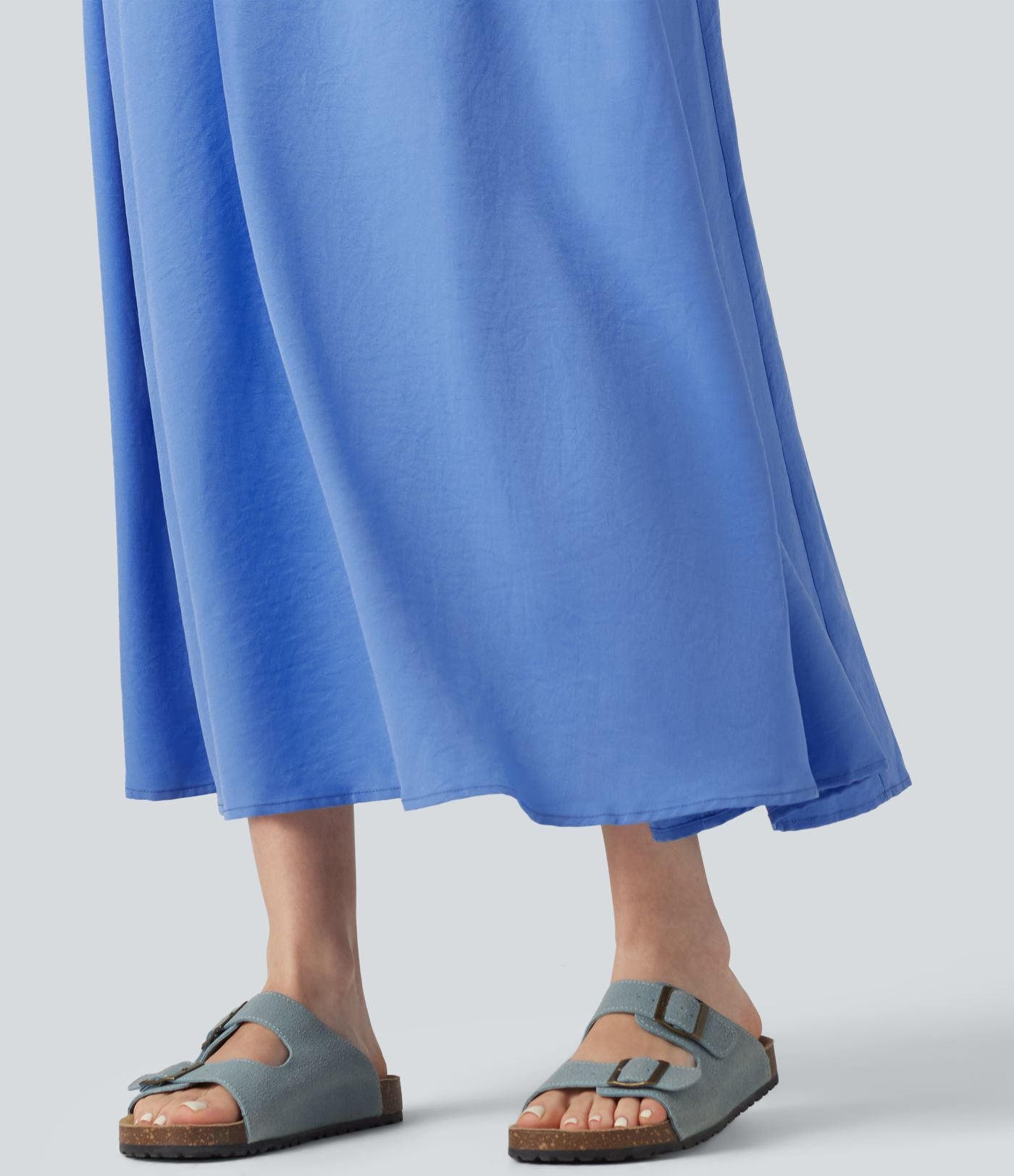 Robe casual fluide midi sans manches col carré avec bordure à volants et poches