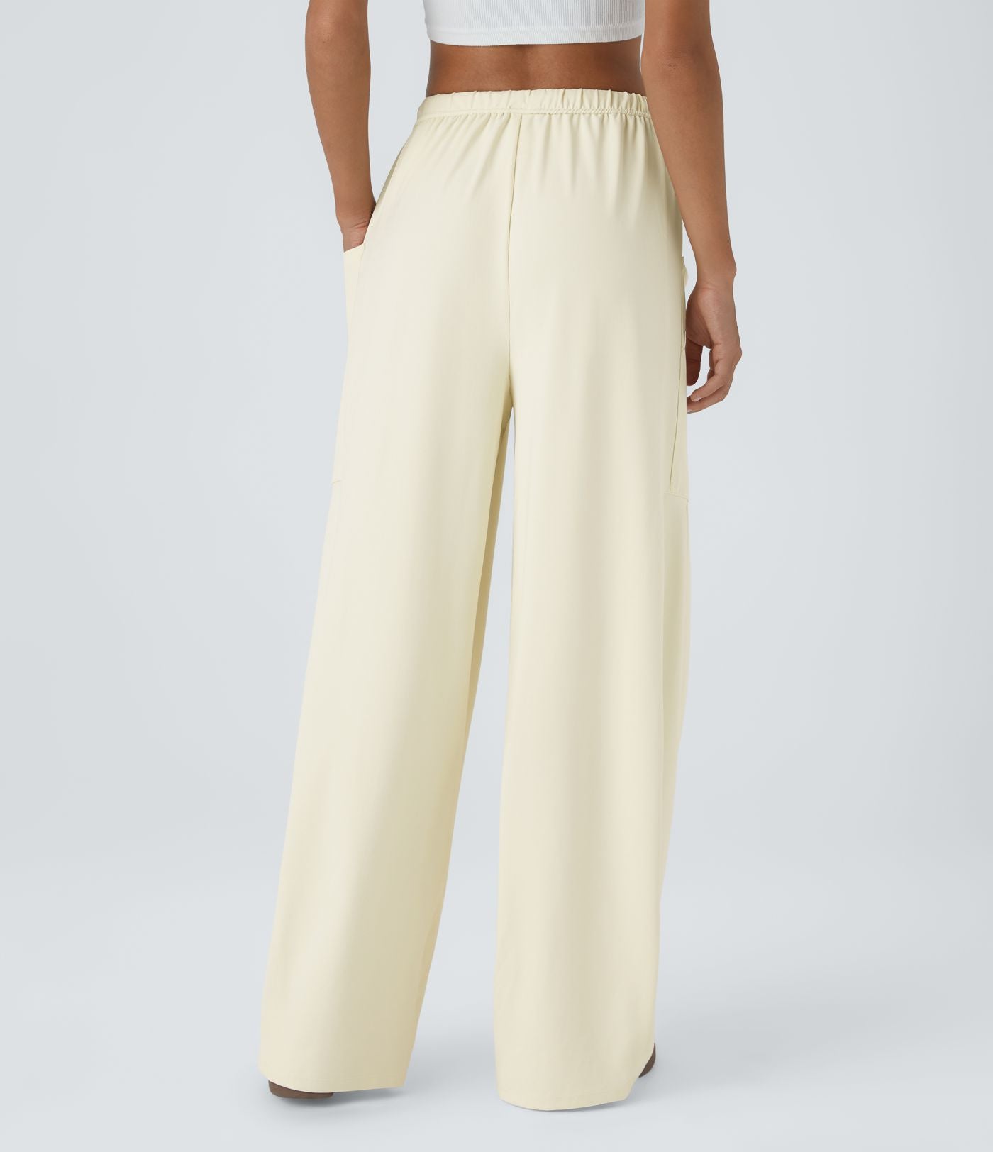 Pantalon Large Fluide Taille Mi-Haute Taille Élastique Cordon Poches Latérales Ourlet Flottant