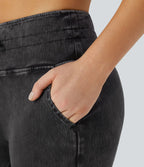 Halara Flex™ Jean Casual Taille Haute avec Cordon de Serrage et Poches Latérales en Tricot Extensible Lavé