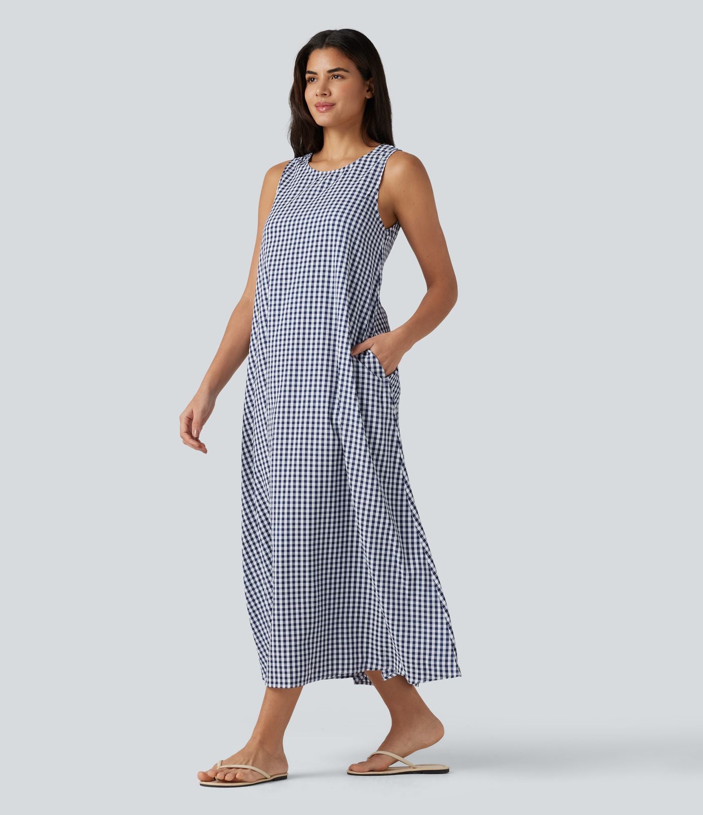 Robe débardeur midi décontractée col rond sans manches en vichy froissé avec poches