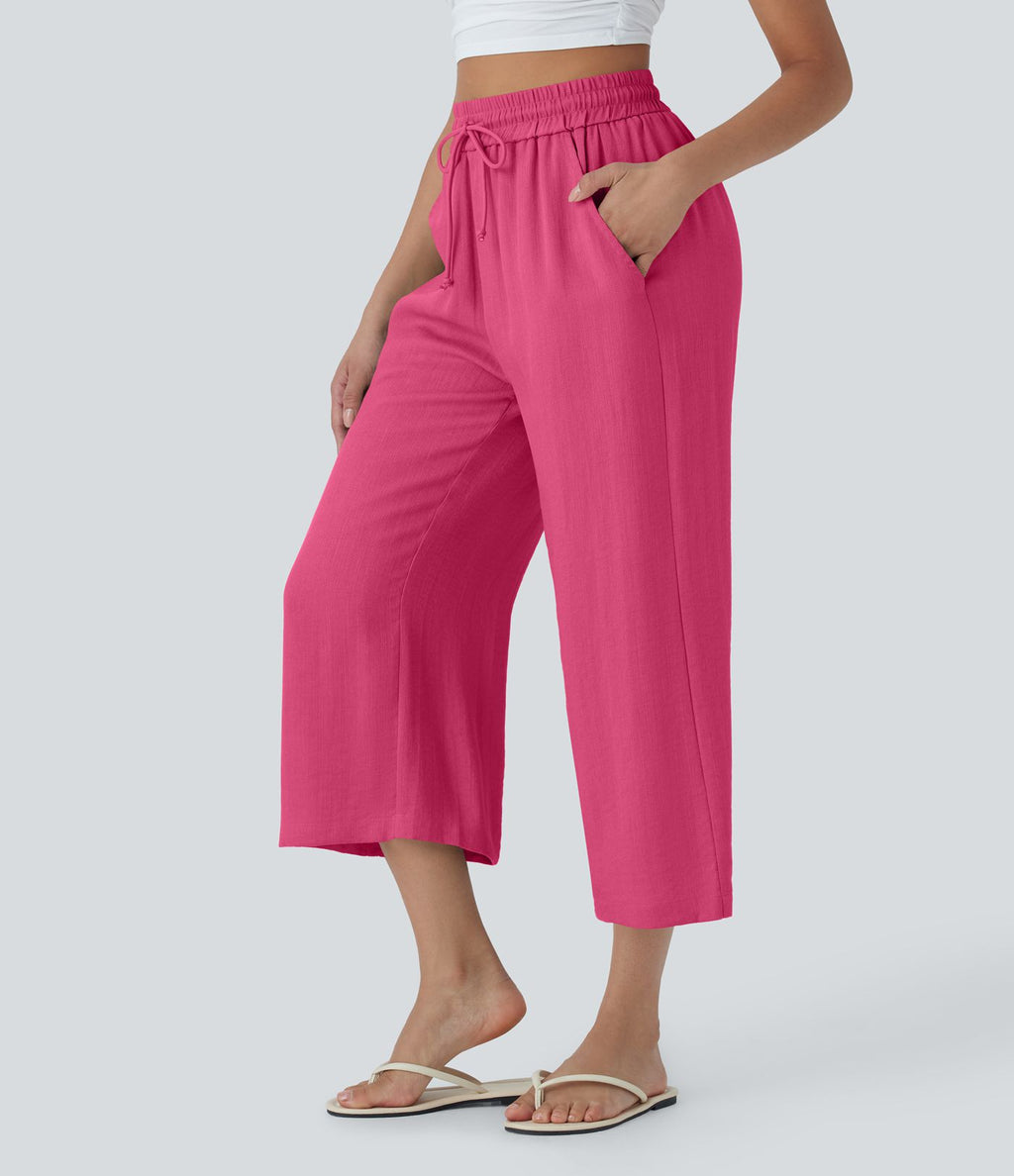 Pantalon décontracté aspect lin 7/8 à taille haute, jambe large avec cordon de serrage et poches latérales