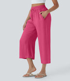 Pantalon décontracté aspect lin 7/8 à taille haute, jambe large avec cordon de serrage et poches latérales