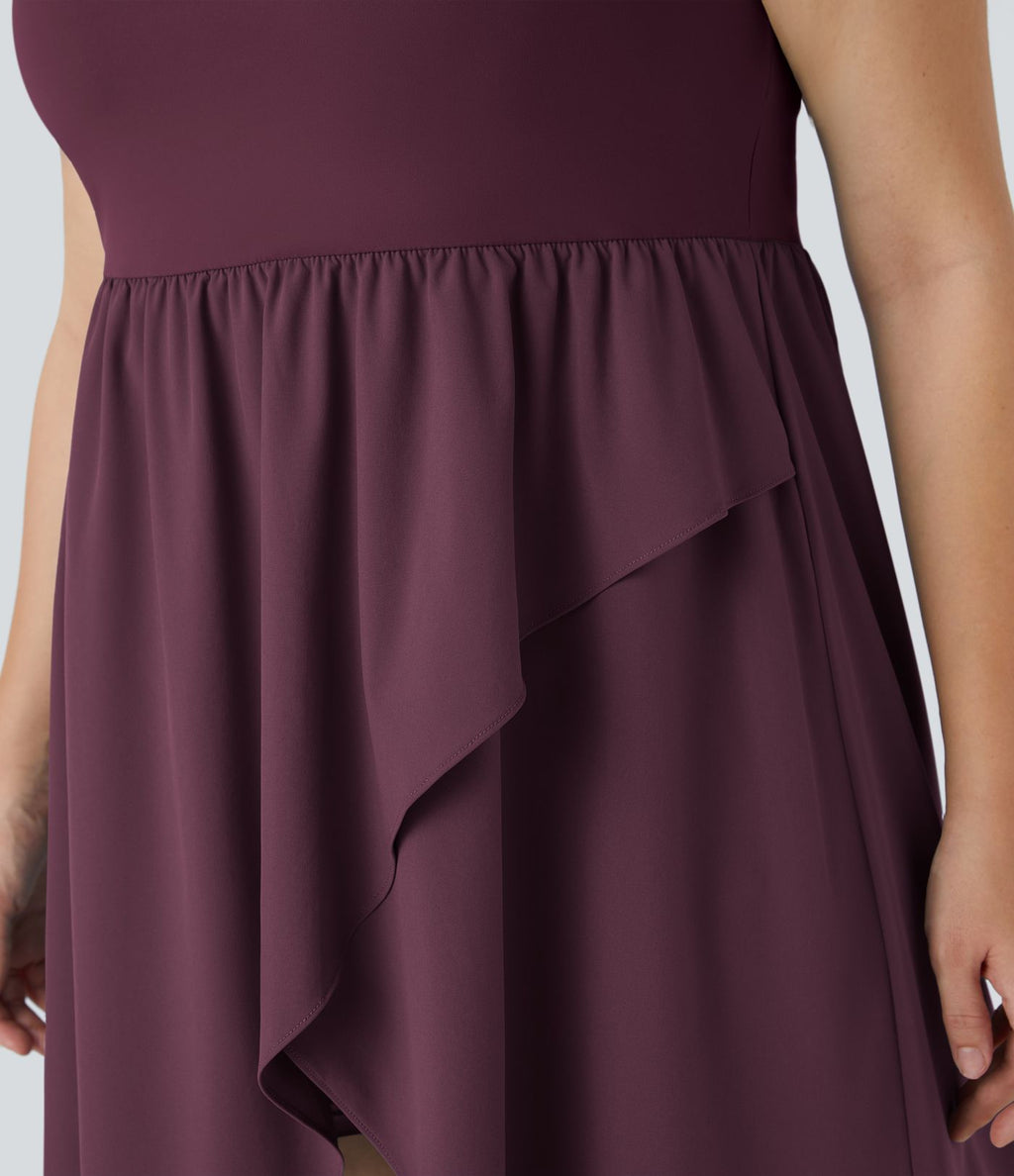 Breezeful ™ Dos Nu Asymétrique Ourlet Croisé 2 Pièces Poche Latérale Fluide Midi Séchage Rapide Casual Robe Grande Taille