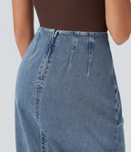 Halara Flex™ Jupe en Jean midi délavé taille haute avec zip dos, effet drapé et ourlet tulipe