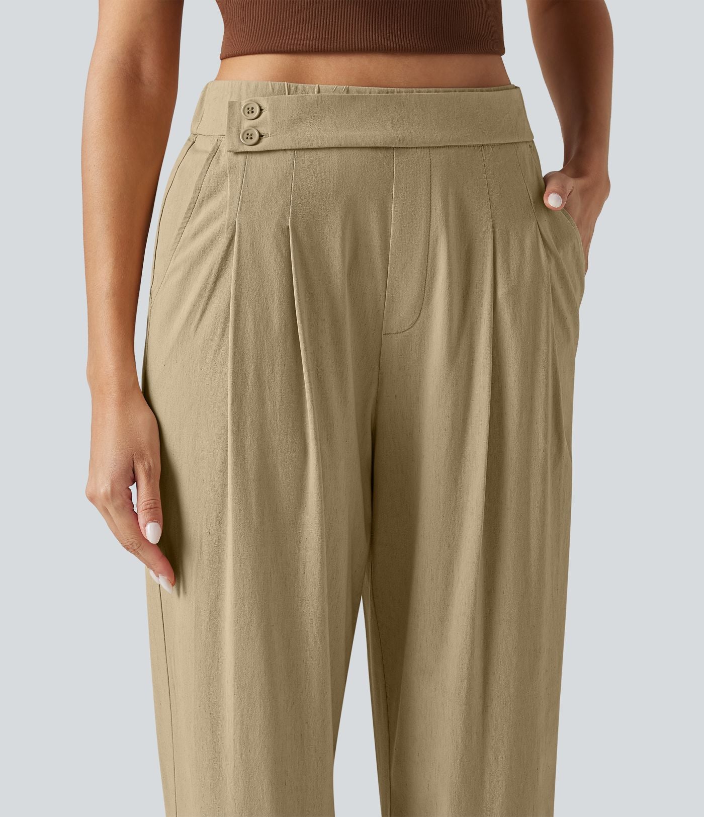 Pantalon décontracté fuselé taille haute en lin stretch avec poches