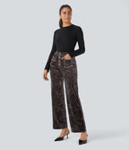 Pantalon Casual en Velours Taille Haute avec Bouton Multipoches Droites