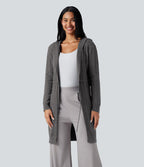 Cardigan long à capuche cordon de serrage manches longues